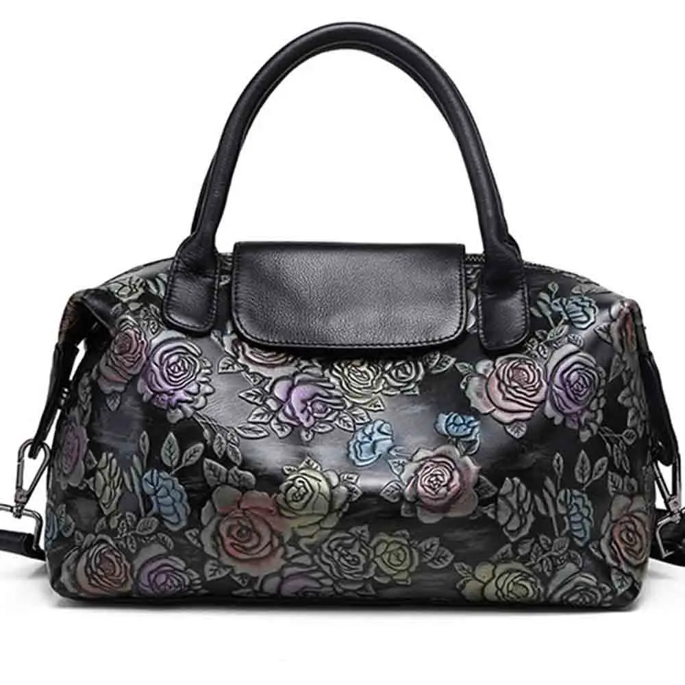 

Motingsome High Quality Calfskin Casual Tote for Women Retro Flower Pattern Shoulder Handbag Vintage Ladies Genuine Leather Bag