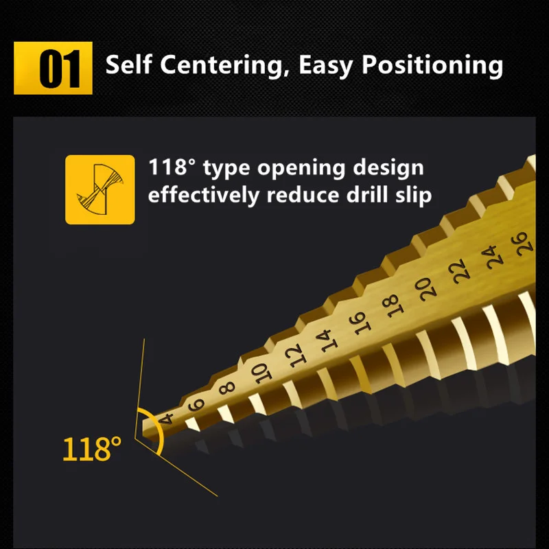 4-32mm HSS step drill bit straight groove conical drills titanium coated metal hexagonal shank bits wood hole cutter