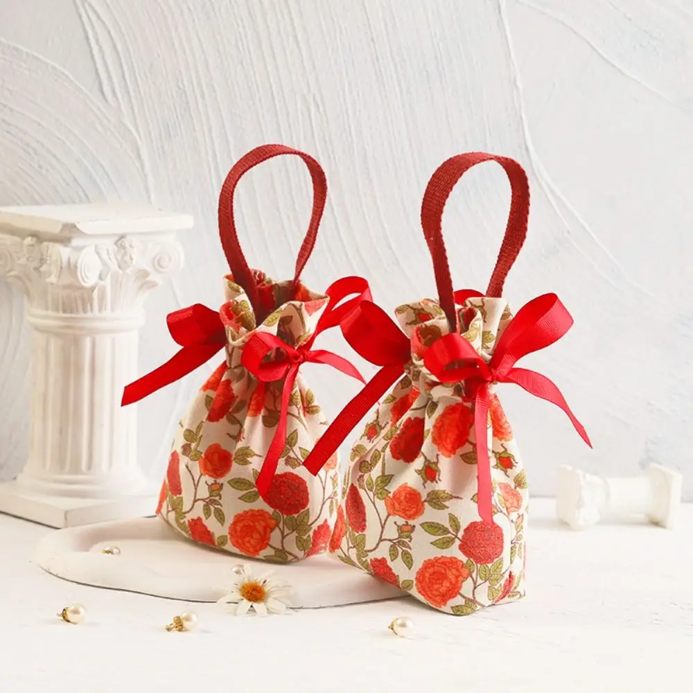 Сумка на шнурке с цветочным рисунком розы атласная Холщовая жемчужной подвеской