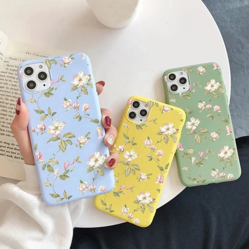 

Vintage Floral Leaf Phone Case For iPhone 13 11 12 Pro Max 7 8 Plus XS Max 12Mini X XR 6S Candy Color Vintage Back Cover Coque