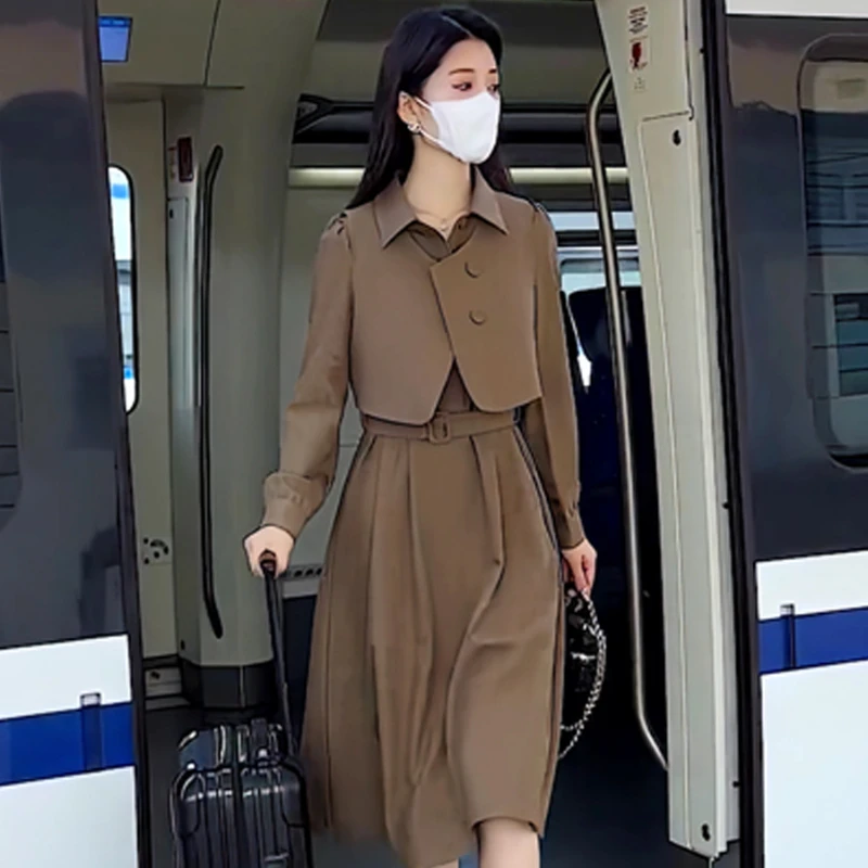 

Women's Autumn New Korean Style High-end Temperament Fashion Casual Vest + Polo Collar Long Sleeve Belt Slim Large Swing Dress