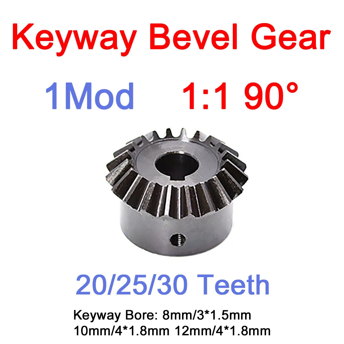 

1Pc 1Mod 20/25/30 Tooth Keyway Straight Bevel Gear 90° Speed Ratio 1:1 Carbon Steel Bore 8/10/12mm Top Thread M5