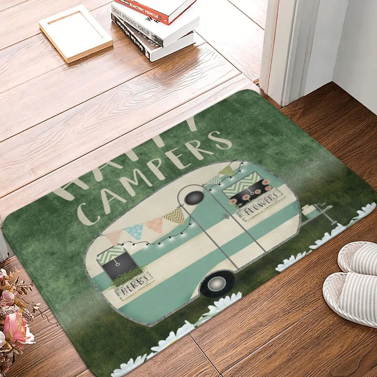 

Happy Camper Daisy Vintage Doormat Non-slip Camping Desert Caravan Kitchen Entrance Bathroom PolyesterRug Carpet Mat Home Decor