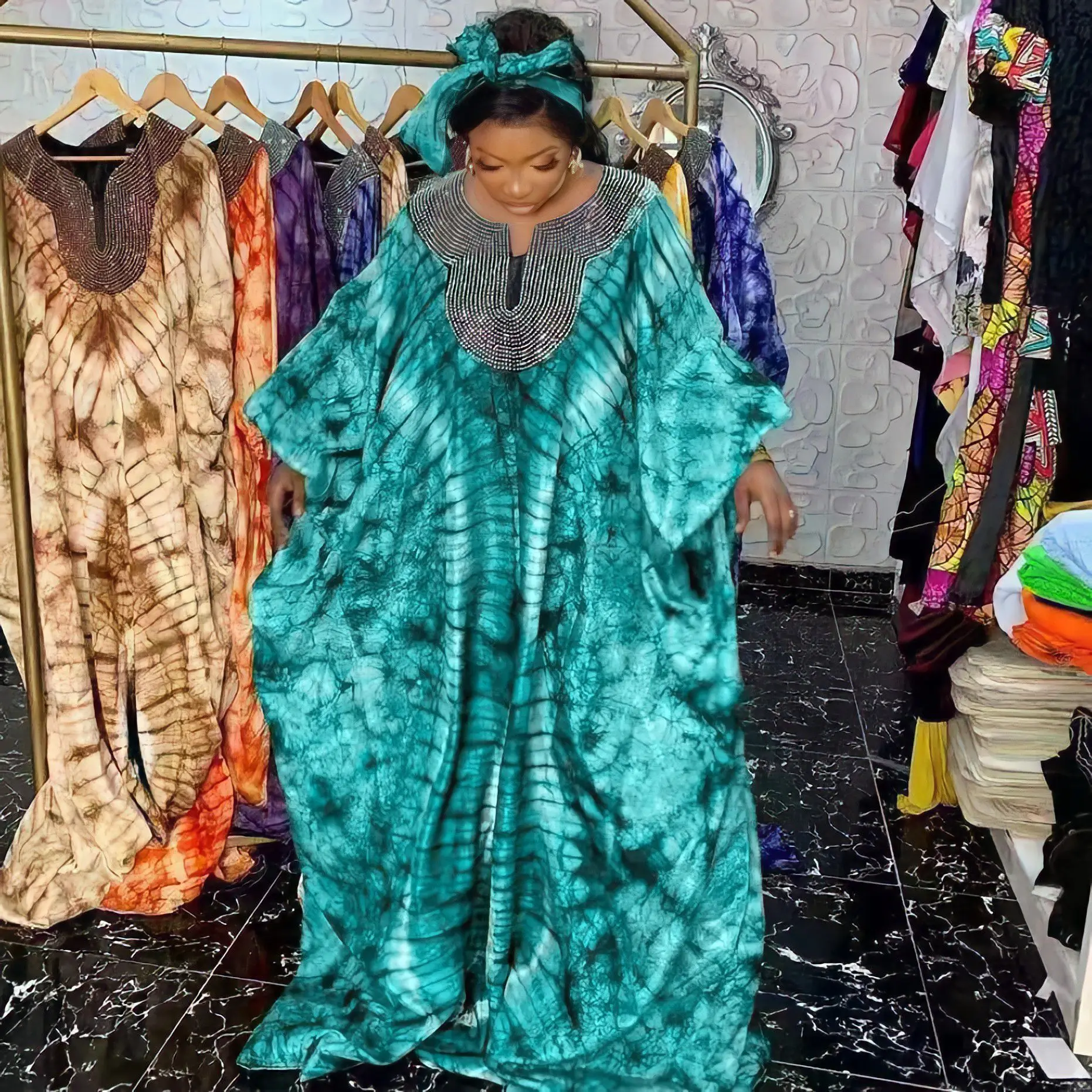 

2023 Luxury Green African Diamond Dress with Headtie for Women Elegant Lady Wedding Evening Party Dresses Muslim Kaftan Robe