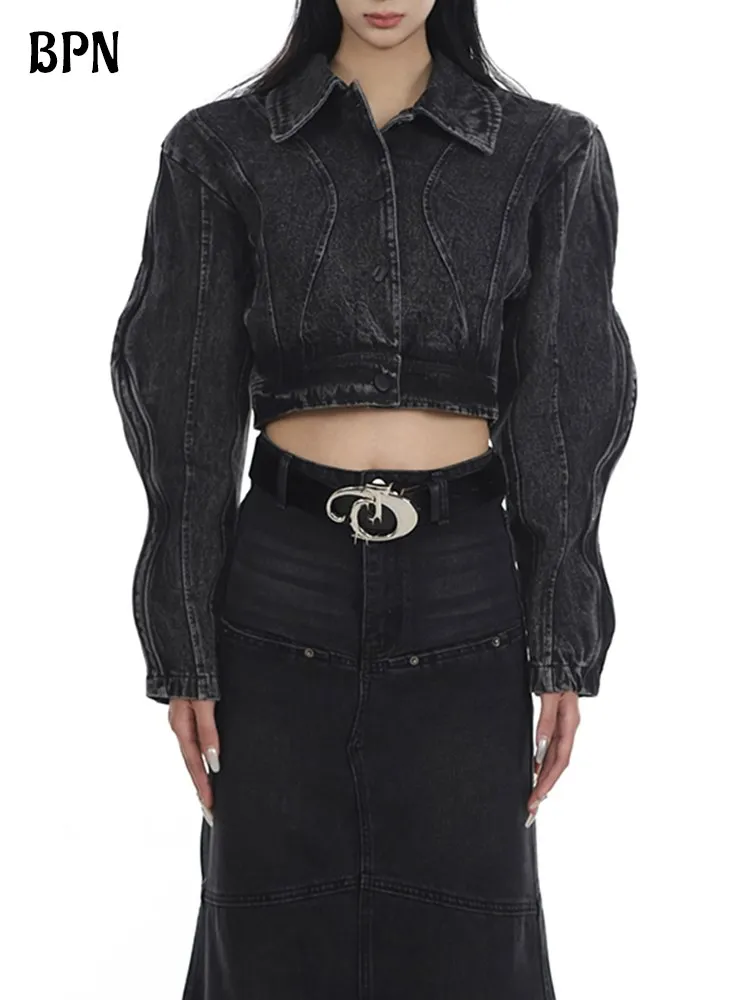 

BPN Streetwear Solid Denim Jackets For Women Lapel Long Sleeve Patchwork Single Breasted Slim Short Jacket Female Fashion Style
