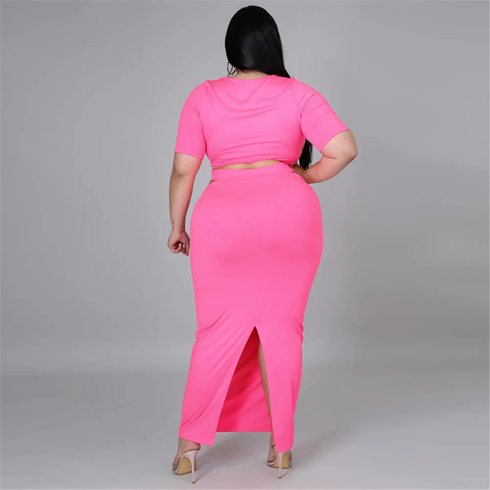 Plus Size Two Piece Set Women 5xl Wholesale Skirts Suit Solid Crop Top with Bandage Elastic Waist Maxi Skirt s 3xl 4xl 5xl 6xl