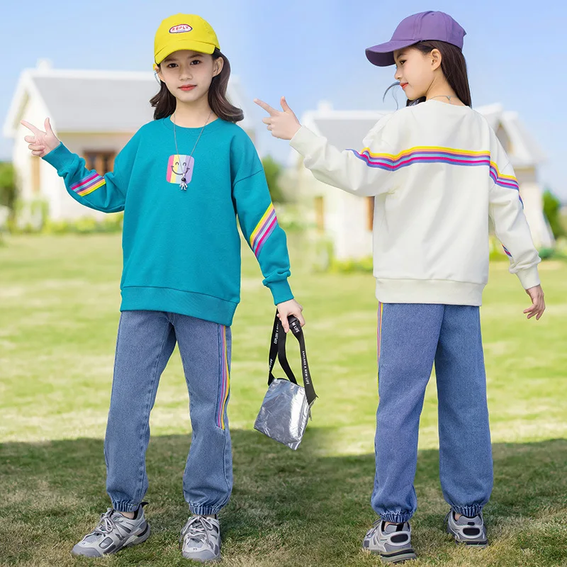 Комплекты одежды для девочек цвет Радужный толстовка с капюшоном + джинсы 2 шт.