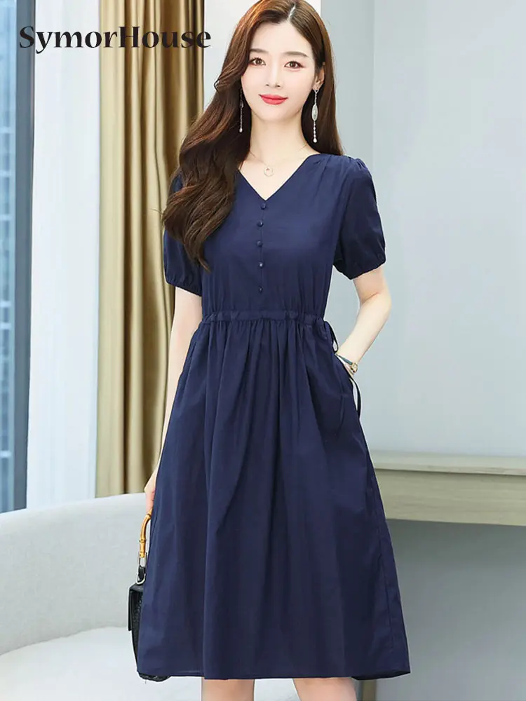 

Женское винтажное платье из хлопка и льна, свободное ТРАПЕЦИЕВИДНОЕ ПЛАТЬЕ с короткими рукавами, карманами, V-образным вырезом и рюшами, нов...