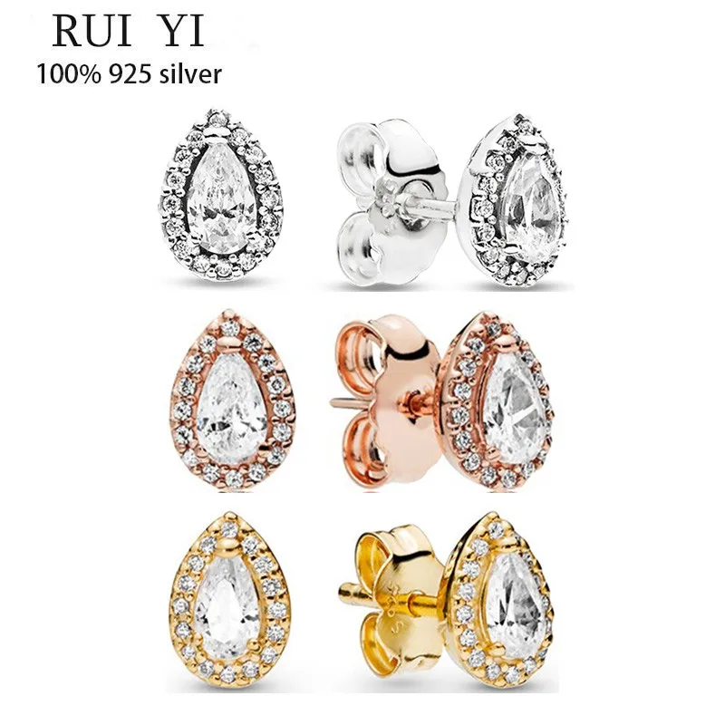 

Fit Original Luxury 925 Sterling Silver Glittering Cz Rose Gold Tear Ear Stud For Women High Quality Diy Fashion Wedding Jewelry