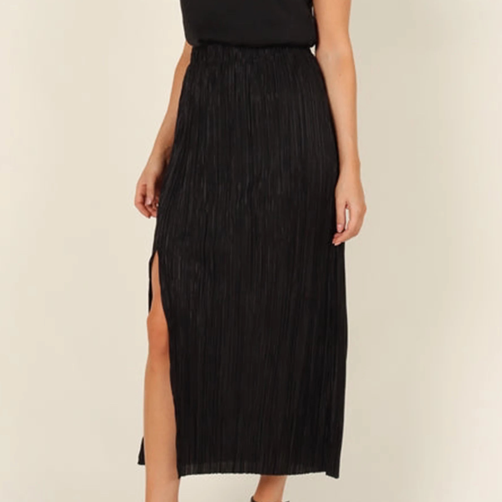 

Women Midi Skirt Sexy Woven Pleated Skirt Casual Mid-Waist Bag Hip Skirt Elastic Waistband Long Skirts Soft Summer Tunic Skirt