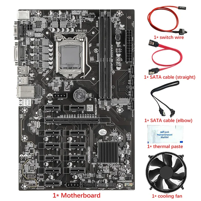 B250B 12 PCIE BTC Mining Motherboard With Fan+Thermal Paste+Switch Cable+2 SATA Cables LGA1151 DDR4 SATA3.0 USB 3.0 VGA