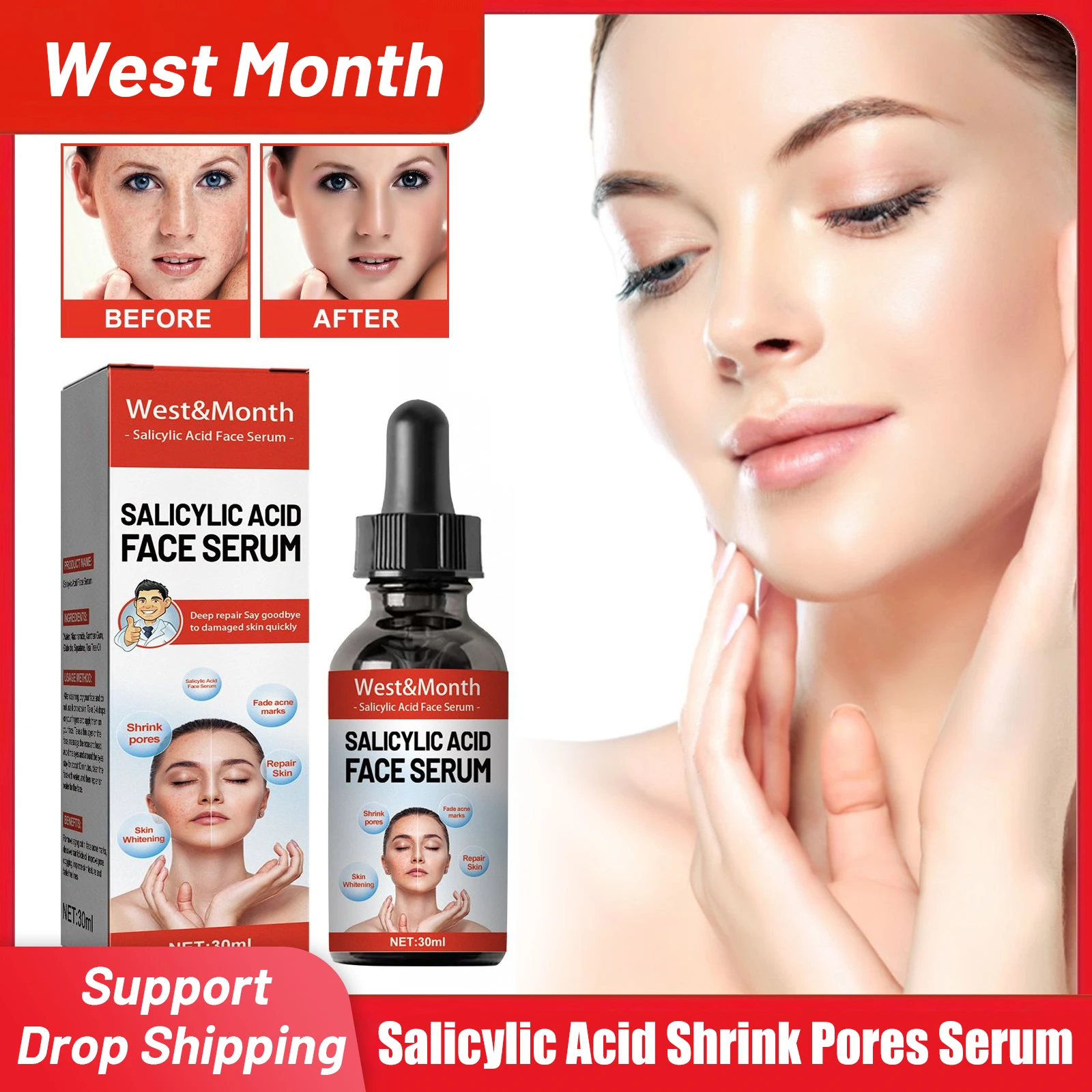 

Salicylic Acid Shrink Pores Serum Anti Acne Remover Blackheads Eliminate Pimples Fade Dark Spots Firm Moisturizing Face Essence