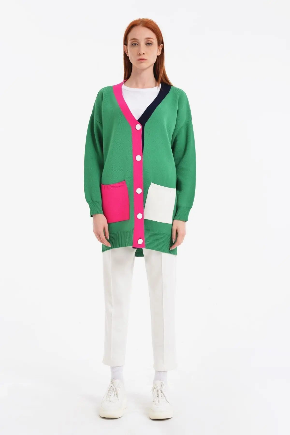 

Women's Cardigan Acrylic Colored Pocket Band Two Color Green Casual Knitted Quality Fashion Sweaters Loose Jumper