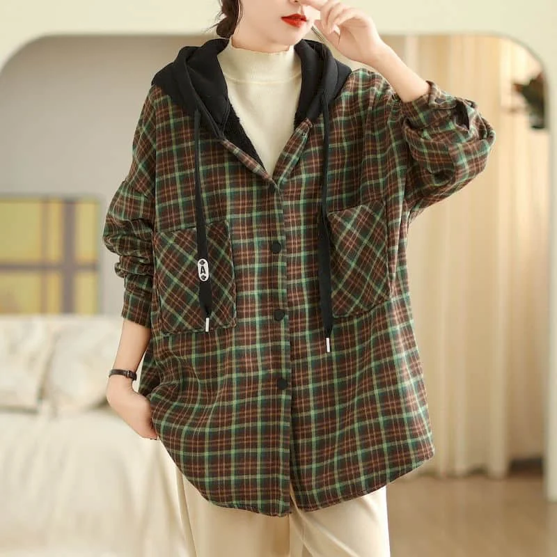 Клетчатые рубашки для женщин кардиган оверсайз с капюшоном плюшевые