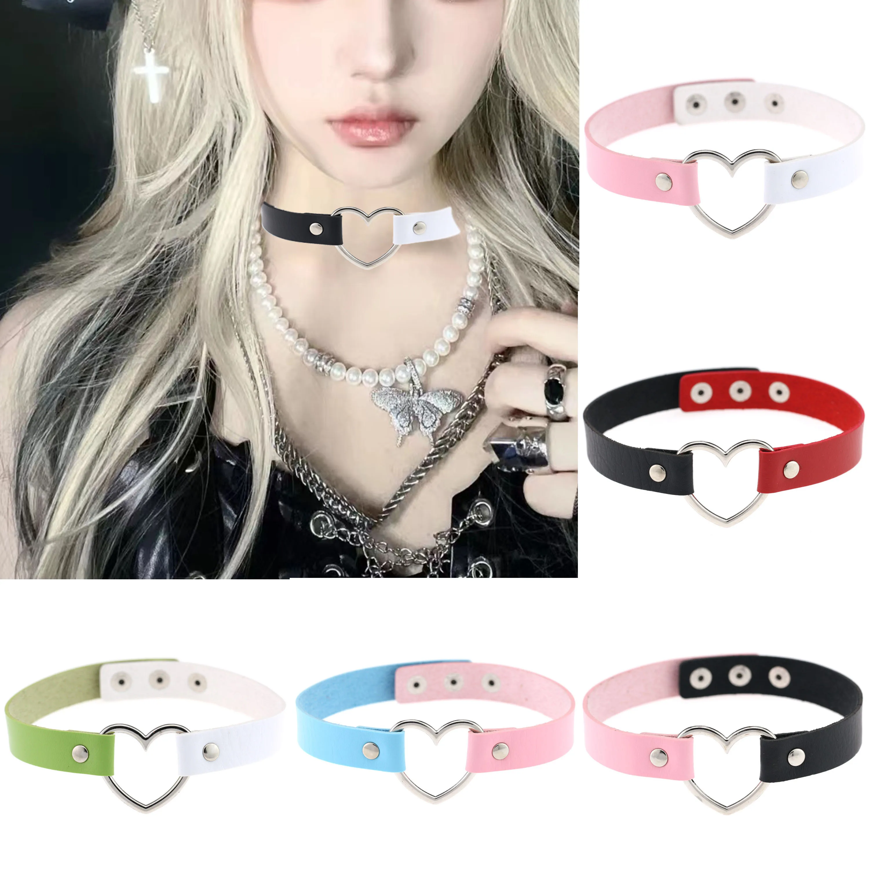 

Harajuku Chains Collar Egirl Heart Pendant Strap Collarbone Bondage Imprison Short Necklaces for Women Kpop Sexy Collar Jewelry