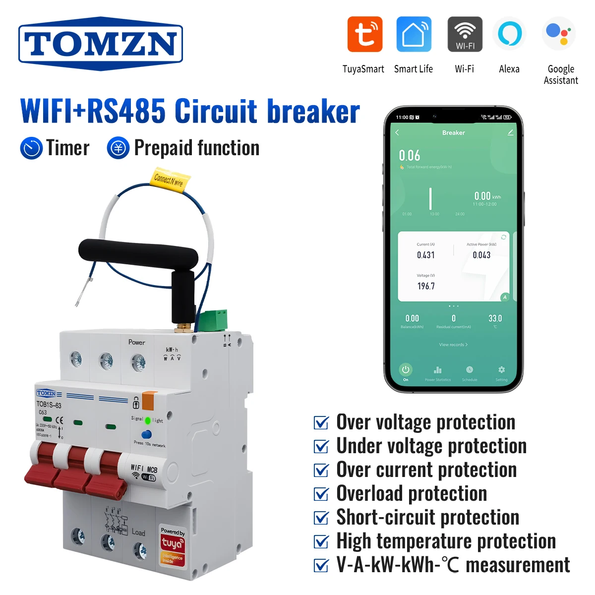 

TOMZN Автомат защити цепи 3P+N WIFI 380В 1-63A