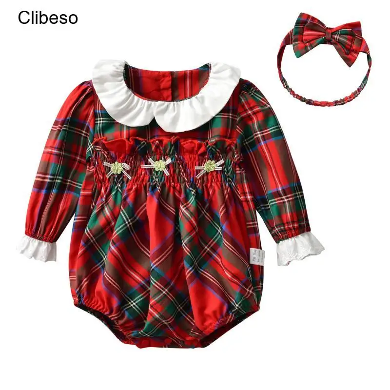 

2023 Clibeso Christmas Newborn Girls Rompers Toddlers Boutique Smocked Plaid Bodysuits with Headband Children Spanish Jumpsuits
