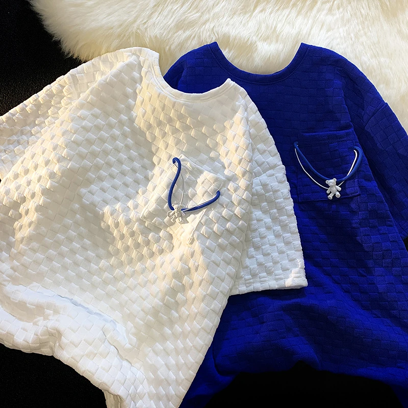 

Футболка мужская с вафельным принтом, модная рубашка с рукавом до локтя в стиле High Street, топ в стиле Харадзюку, белая синяя одежда для пар, на лето