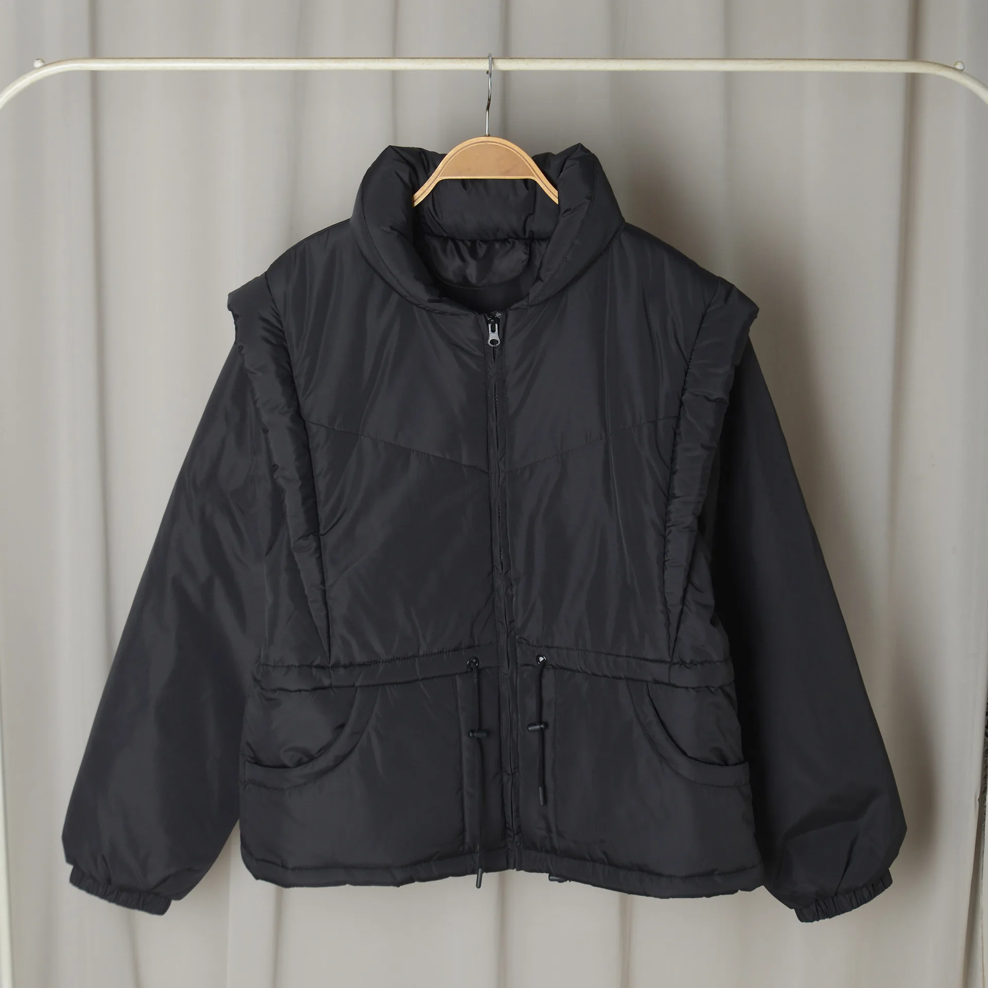 New Winter Clothes Zipper Waist Fitting Lapel Detachable Sleeve Vest Coat Women's Cotton Padded Jacket