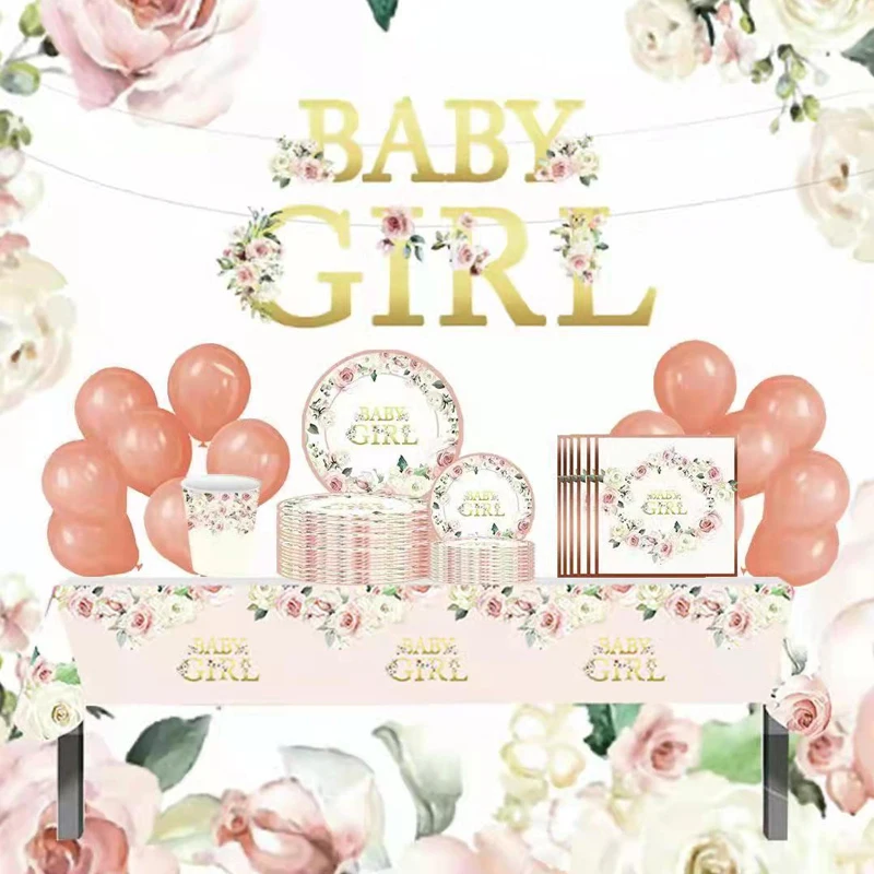 

Baby bronzing rose gold baby girl party disposable tableware paper cups paper plate paper towel tableware set wholesale