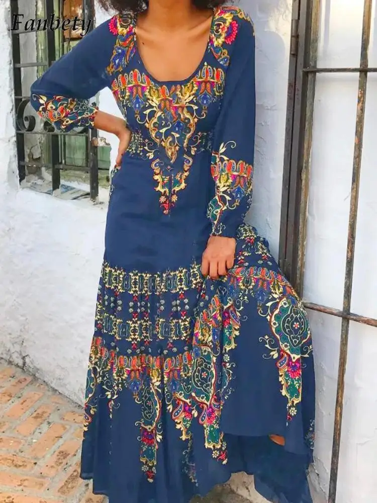 

Women Vintage Pattern Print Party Dress 2022 Spring Casual O-Neck Maxi Dress Ladies Summer Fashion Indie Folk Long Sleeve Dress