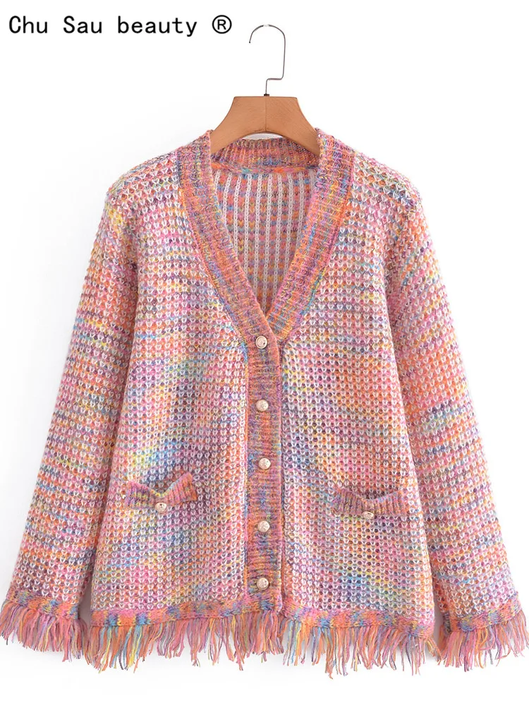 

Женский вязаный кардиган Y2k, винтажный Повседневный шикарный свободный свитер разных цветов с V-образным вырезом и бахромой, Осень-зима 2022