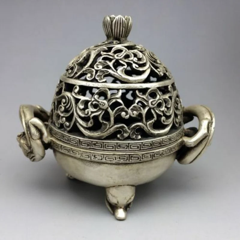 

Delicate Chinese Tibetan Silver Hand Carved Dragon and Beast Hollow-out Incense Burner RT