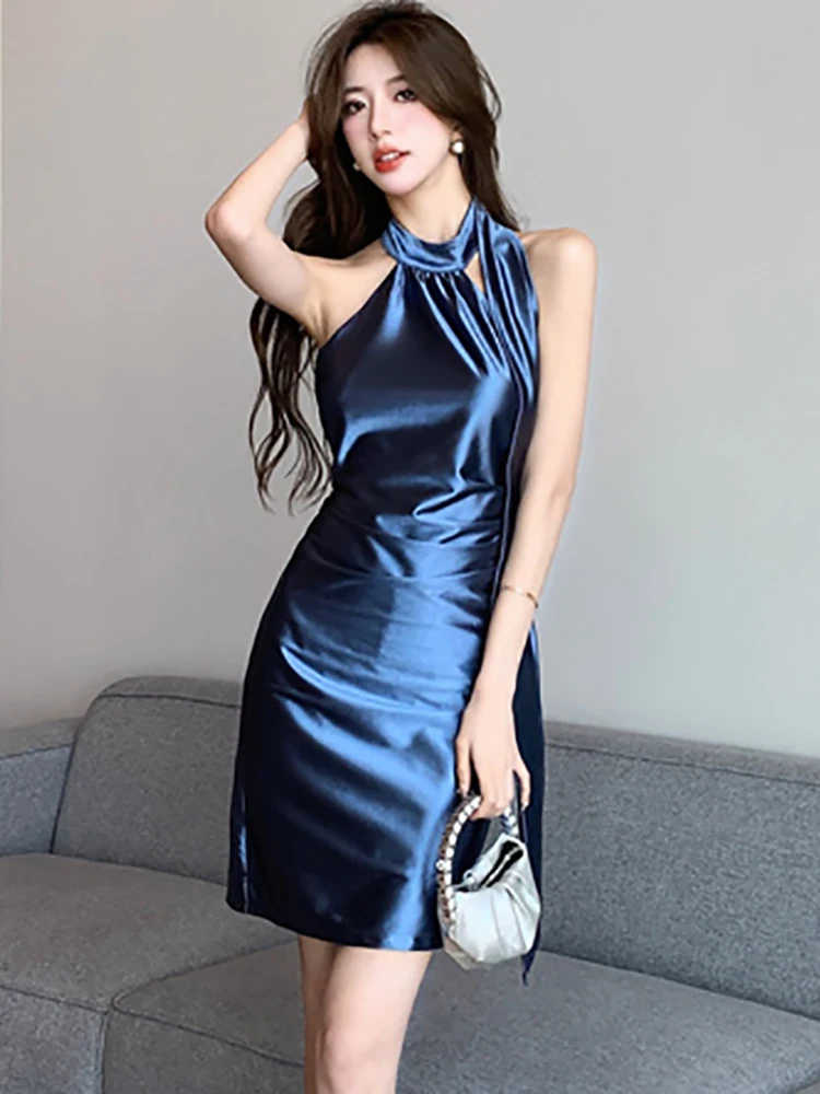 

Women Blue Satin Luxury Neck-mounted Mini Dress Summer Fashion Bodycon Backless Sexy Club Dress 2023 Elegant Casual Prom Dresses