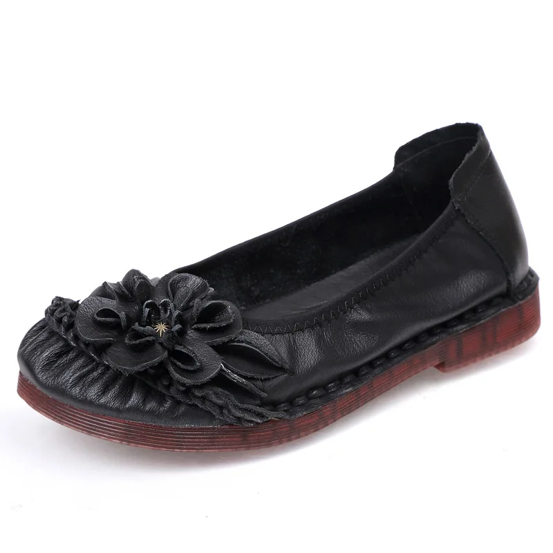 2022 New Flat Shoes Women's Ethnic Style Flower Leather Soft Flat Bottom Non-Slip Comfortable Shallow Mother Shoes Peas Shoe