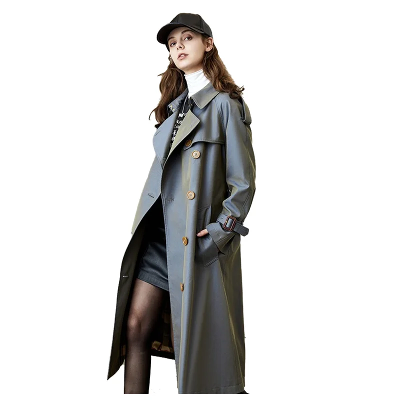 

Woman Trench Waterproof Long Coat Spring Autumn New Solid With Belt Epaulet Turn-Down Collar Double Breasted Overcoat