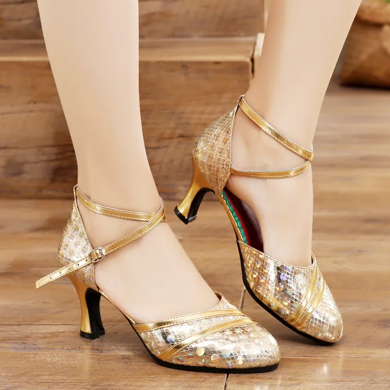Professional Women Latin Modern dance shoes Ballroom medium high heel dance shoes drill Soft soled Cha cha tango dance shoes