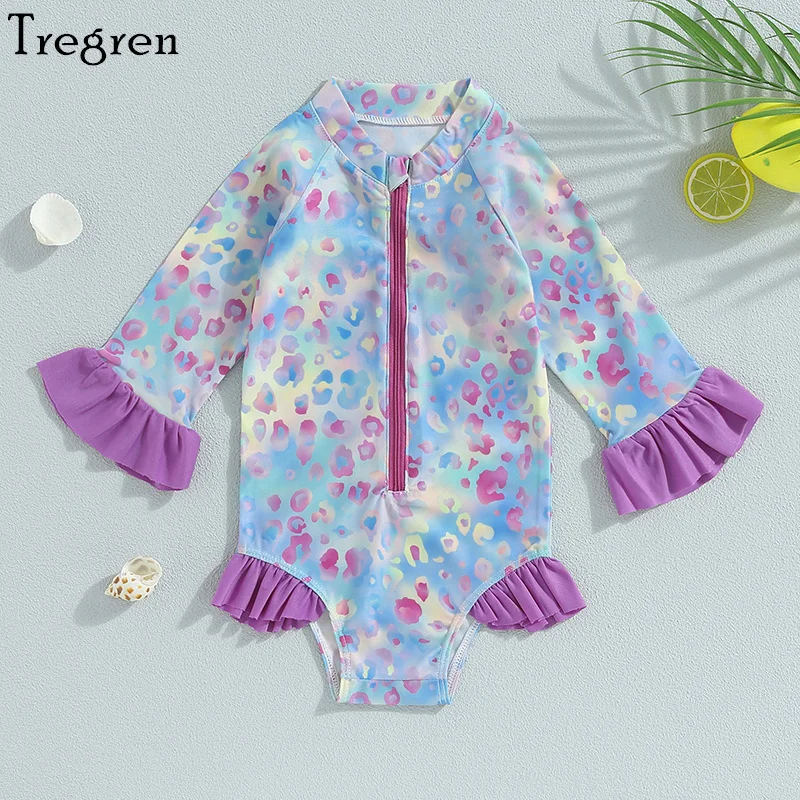 

Купальник Tregren для маленьких девочек, с длинным рукавом и леопардовым принтом, пляжный купальный костюм на молнии, купальная одежда для бассейна, на лето