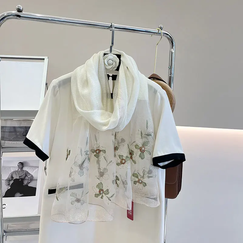 

2023 Luxury Brand Shawl Large Wraps Beach Silk Wool Scarf for Women Design Neckerchief Embroidery Female Foulard Stoles Headband