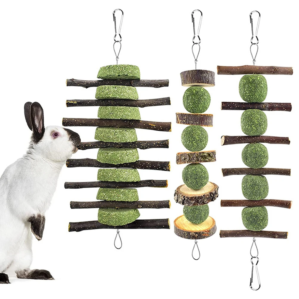 

3 PCS Bunny Chew Toys Timothy Balls Grass Cakes And Carrot Apple Wood Sticks Hamster Toys For Guinea Pigs Small Pets' Teeth Care