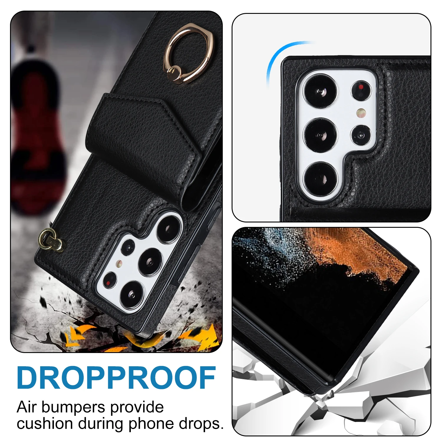 Case for Samsung Galaxy S23 Ultra S22 Plus S21 S20 FE Note 20 10 Phone Cover PU Leather Card Slots Lanyard Ring Stand Back Shell