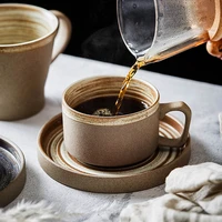 japanese style retro thread stoneware coffee cup saucer set with spoon home ceramic breakfast milk cup ceramic cup for home