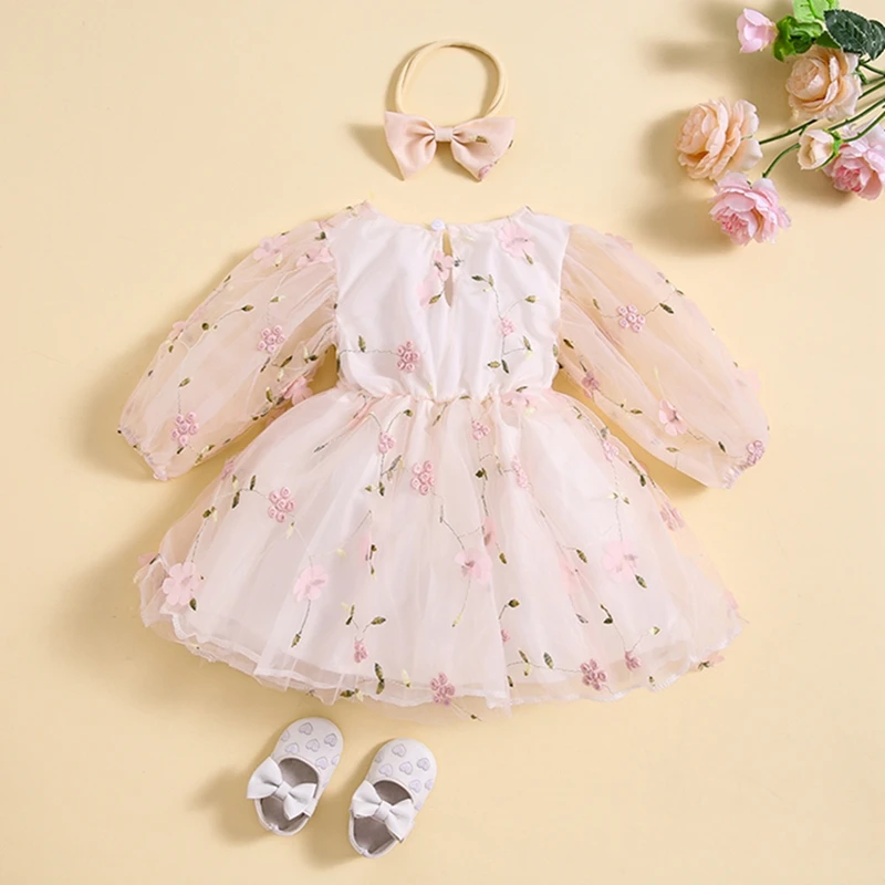 

Toddler Girl Tulle Dress Long Sleeve Floral Embroidered Dress Crewneck A Line Dress Baby Tutu Headband 2pcs