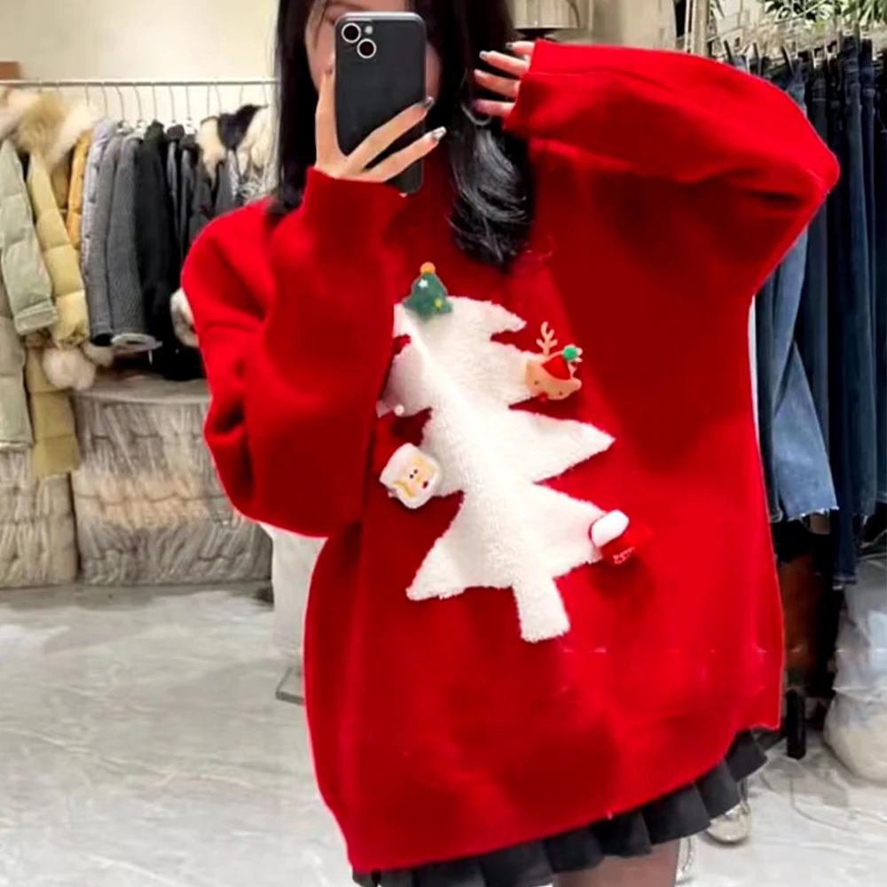 

Christmas tree sweater 2023 winter new Christmas women's red sweater women padded long section