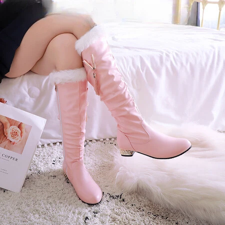 

Winter Warm Knee High Boots Women Platform Wedges High Heels Snow Boots Slip on Winter Ladies Shoes White Black Pink 2023