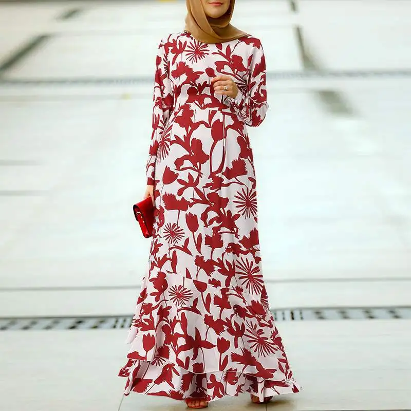 Boho Floral Print Muslim Long Dress Ruffle Hem Robe Muslim Dresses Abaya Dress Womens Indian Islamic Women Clothing Regulai Fit