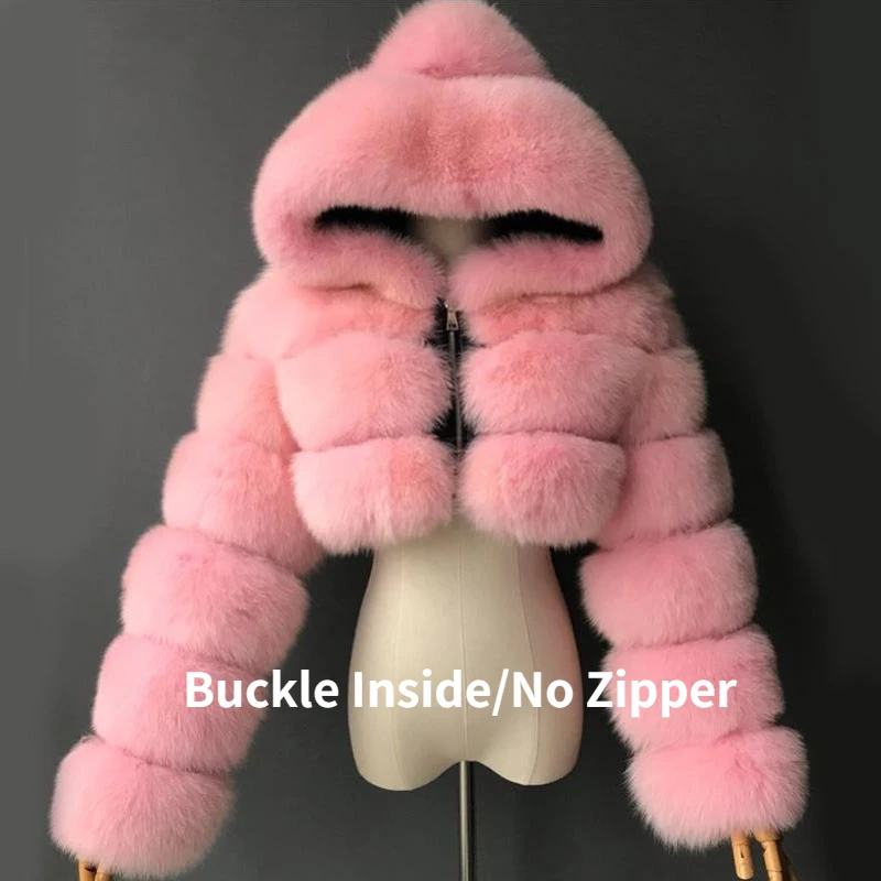 

Women Winter Faux Fur Colorful Long Sleeve Short Hooded Coat Ladies Large Size Pink Red Blue Faux Fur Overcoat 4xl Streetwear