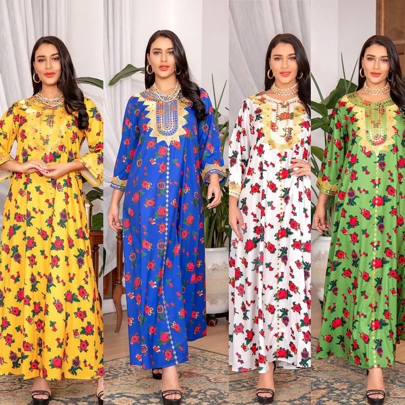 

Ramadan Muslim Dress Women Jalabiya Eid Floral Print Abaya Dubai Kaftan Moroccon Caftan India Islamic Clothing Gown Robe Arabe