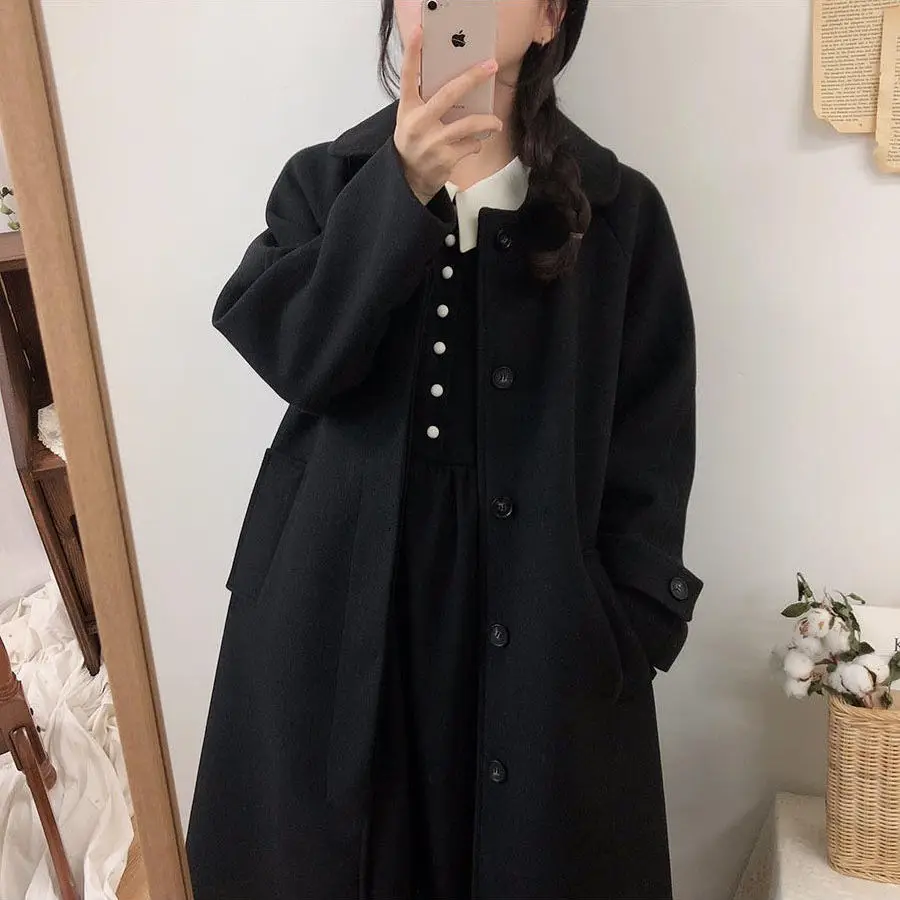 

Woolen Coat Women's Mid-length Winter New Korean Fashion Black Long Coat Thickened Women's Winter Coat Woolen Coat Parkas