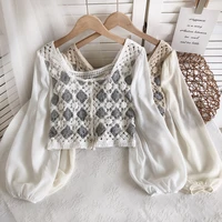 oumea women crochet cotton blouse spring autumn chiffon lantern sleeve casual patchwork plaid cropped tops square neck chic top