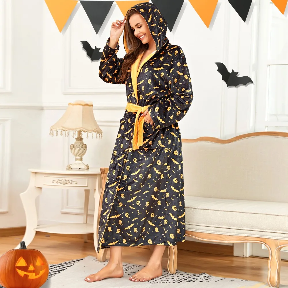 Hooded Halloween Cosplay Women Men Nightgown Bathrobe Flannel Long Robe Thick Warm Sleepwear Plus Size Male Loose Home Wear