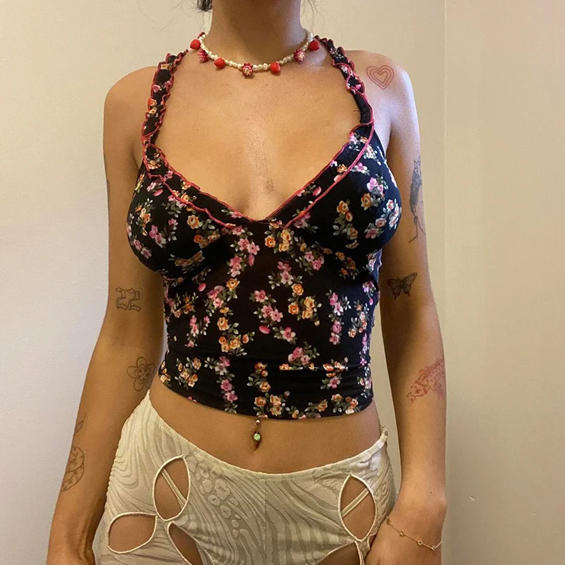

Женская майка с оборками на подоле, с цветочным принтом, без рукавов, с V-образным вырезом и открытой спиной, укороченные топы, сексуальная пл...