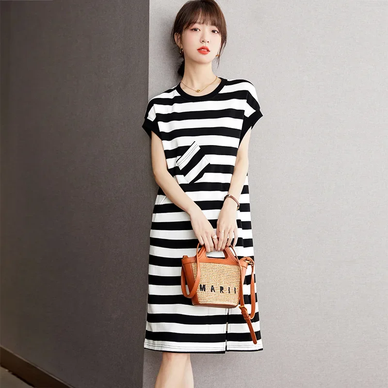 Черно-белое полосатое платье повседневная футболка средней длины с короткими