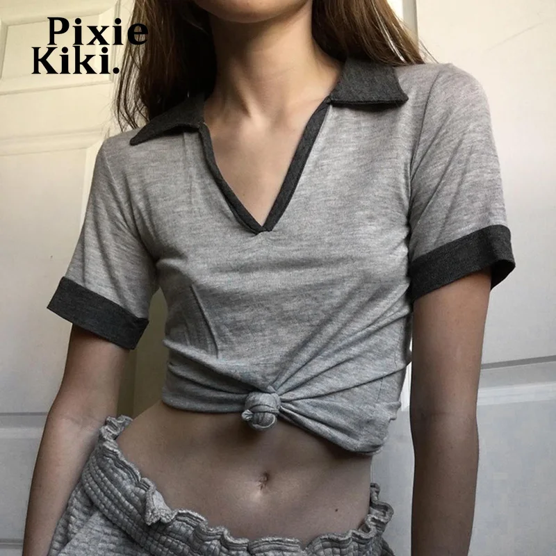 

PixieKiki Gray V Neck Short Sleeve Blank T-shirts Y2k Clothes for Women Summer Casual 90s Tops P77-BA10
