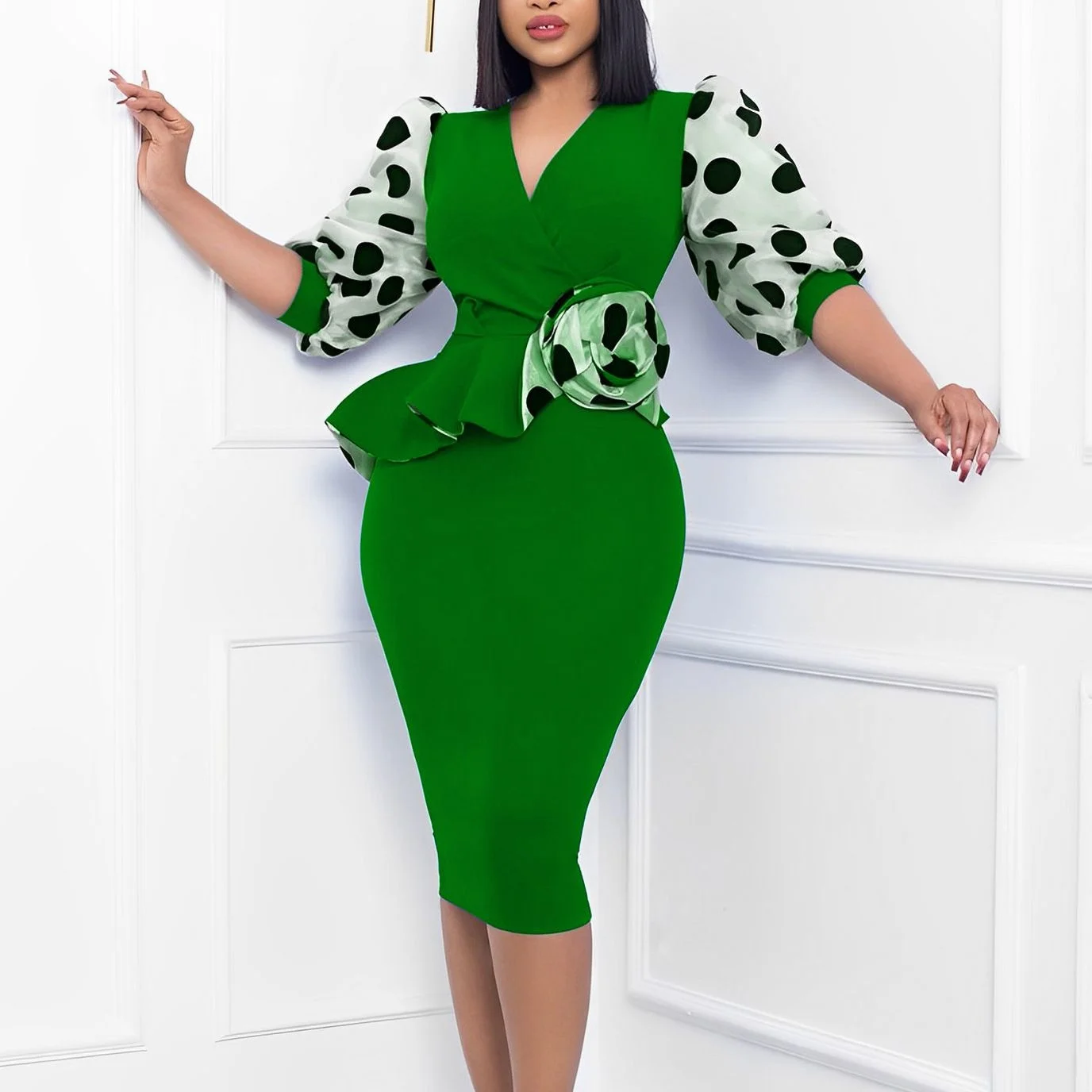 

Polka Dot Bodycon Midi Dresses Women Elegant Mesh Short Sleeve V Neck Peplum Office Lady Dress Female Party Gowns Robe