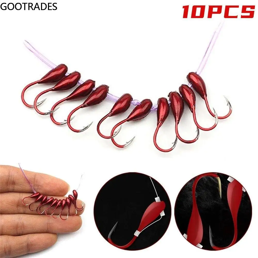 

10 PCs/Set High-carbon Steel Winter Ice Fishing Hooks Overturned Jig Head Lead Hook Red Worm Maggot Fishhook Carp Fishing Tackle